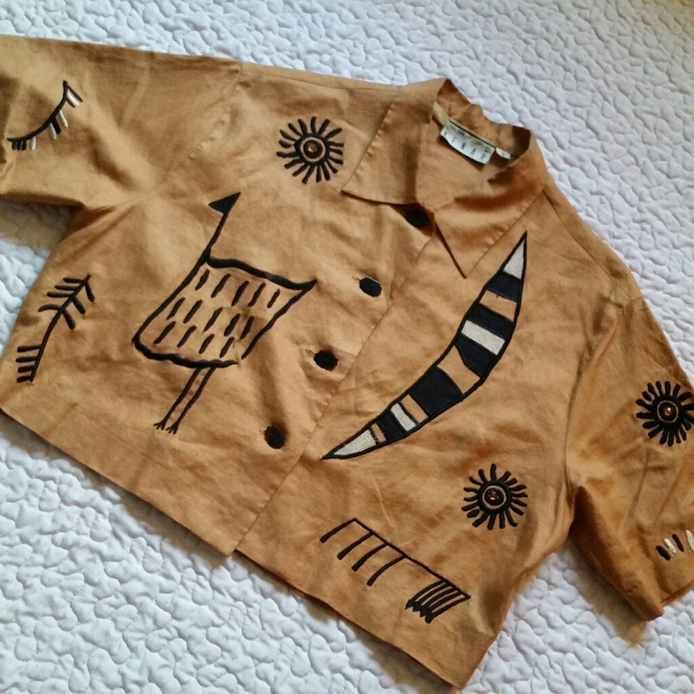 VTG Kenar S Crop Shirt Tan Ethnic Embroidered Top